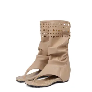 CYNLLIO Womens Mid Calf Boots Open Toe Flat Heels Thong Sandals Back Zipper Wedge Hollow Hole Boot Travel Outing Walking Casual Summer Gladiator Sandals Shoes