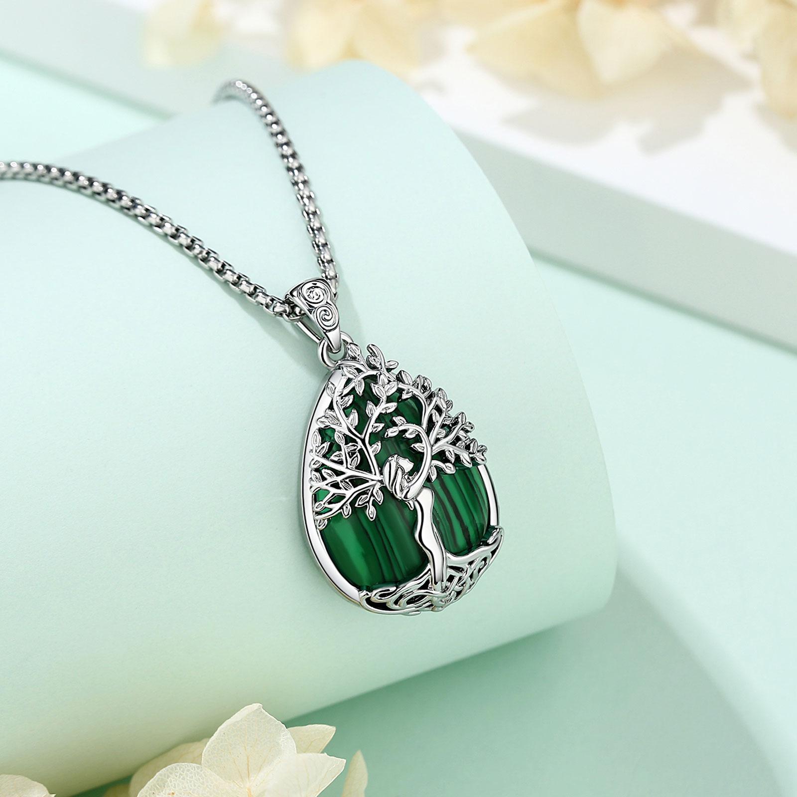 Eudora Tree of Life Tear Drop Necklace Healing Crystal Heart Pendant Goddess Amulet Jewelry with Amethyst Turquoise, Spiritual Protection Gift for Her