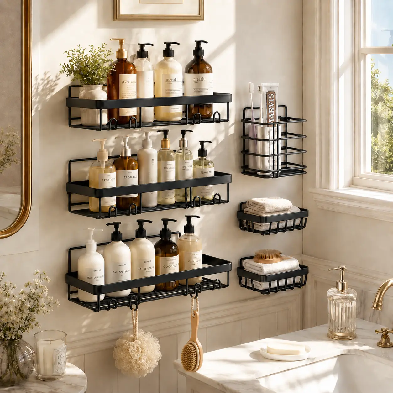 PHANCIR NEW 6 PCS Shower Caddy, No Drilling BathroomOrganizer with Soap Holder, Adhesive Bathroom Caddy,Black Installation Square Transparent Stainless