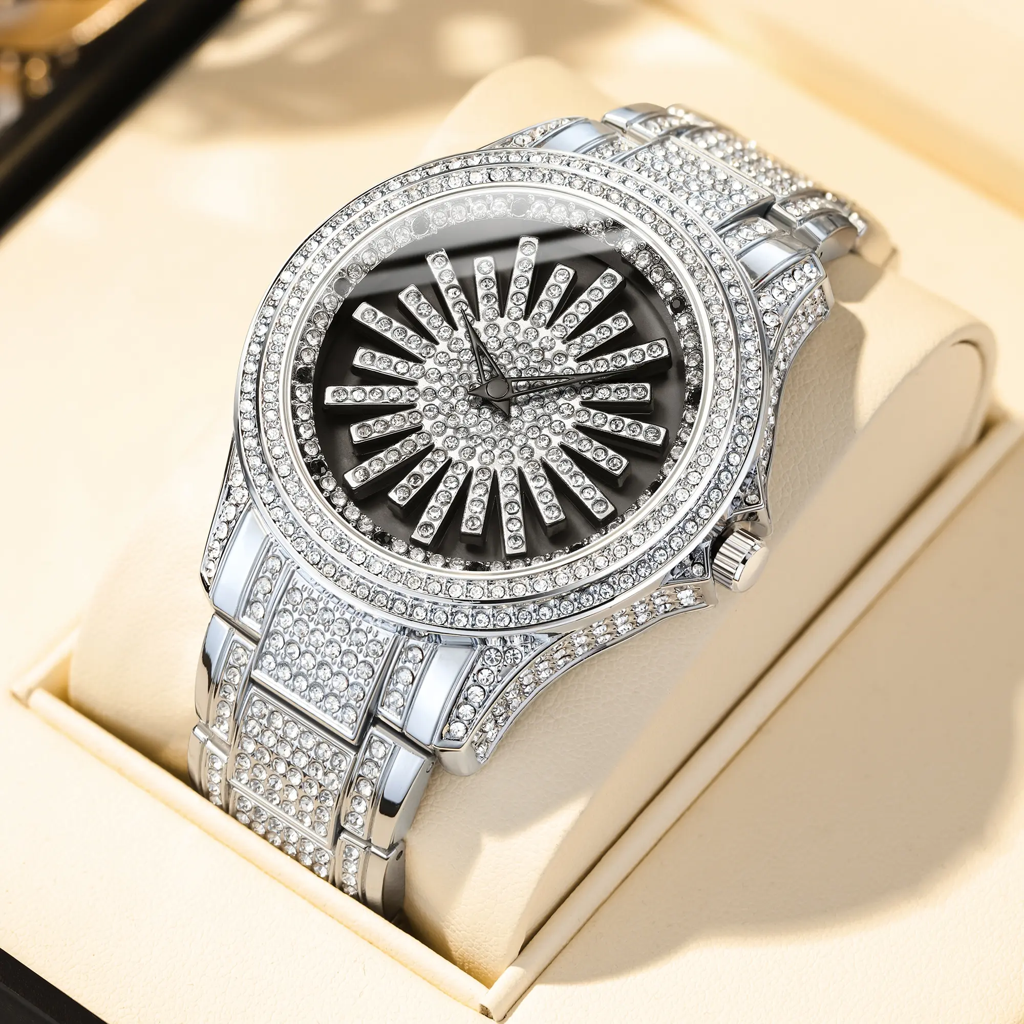 Men's Luxury Look Iced Out Moissanite Watch, Round Face Male Wear Fashion Watch with Rotating Bezel, Gold/Silver Full Diamond Dial, Hip-Hop Casual Trendy Wristwatch