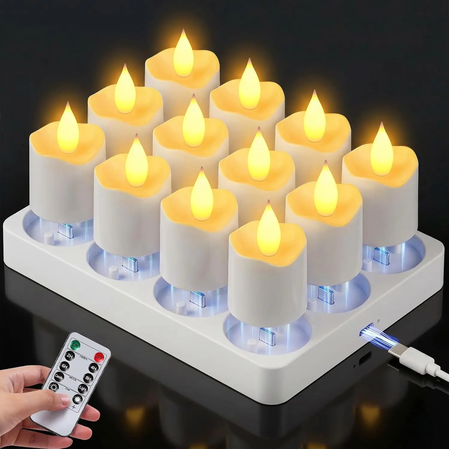 MATULSA Rechargeable LED Tea Lights Candles - Remote, Timer, Charging Base, Realistic Bright Flickering Flameless Candles for Halloween, Home Decoration, Room Decor