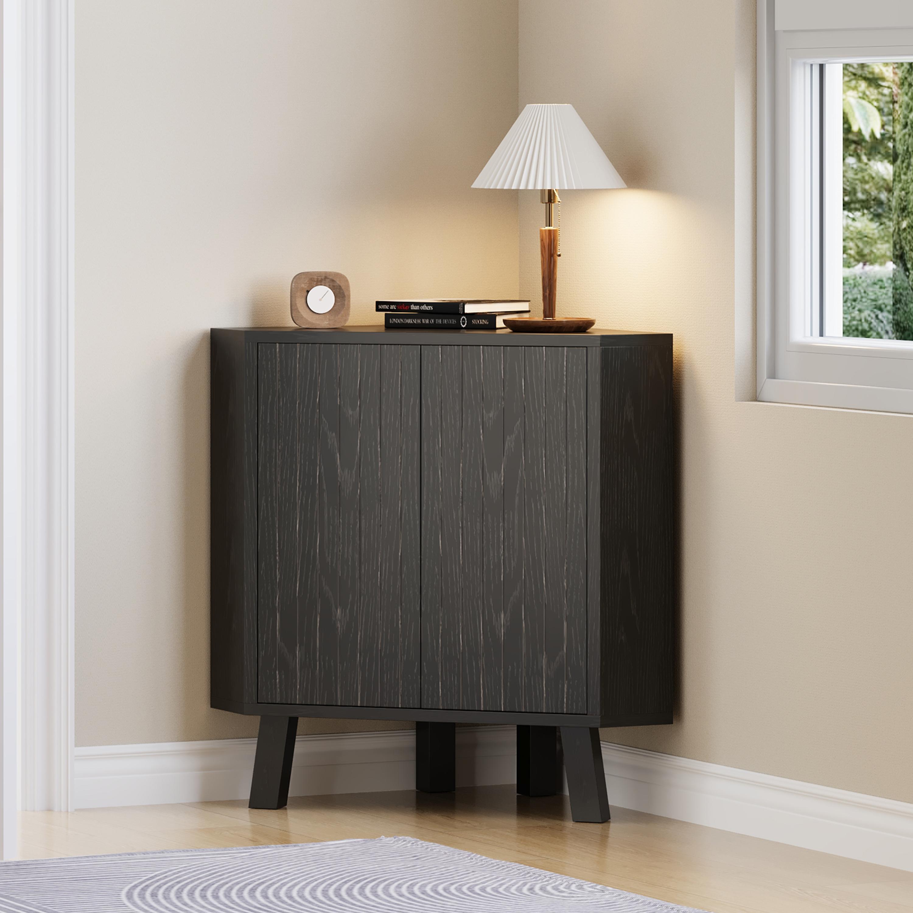 31.5'' Corner Cabinet with Doors, 3-Tier Industrial Fluted Corner Shelf with Adjustable Shelf, Freestanding Triangle End Table for Living Room, Bedroom, Kitchen, Bathroom 31.5'' Corner Cabinet with Doors, 3-Tier Industrial Fluted Corner Shelf with Adjustable Shelf, Freestanding Triangle End Table for Living Room, Bedroom, Kitchen, Bathroom