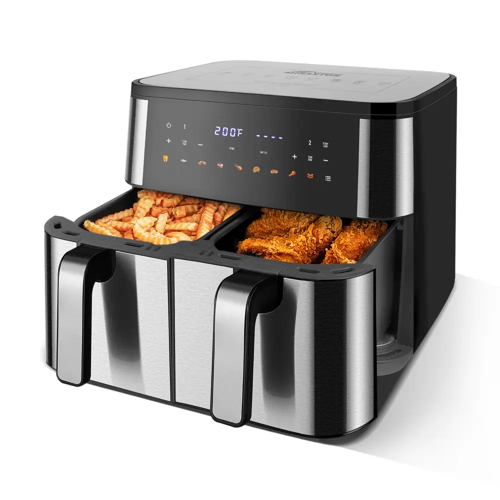 MIRASTON 10QT Dual-Basket Stainless Steel Air Fryer - Synchronized Cooking Technology, Dual-Zone Independent Control, 9 Cooking Presets, 1700W Crisp, Timer, Automatic Multi-Functional, Meal Prep Appliance, Crisp In 1700W