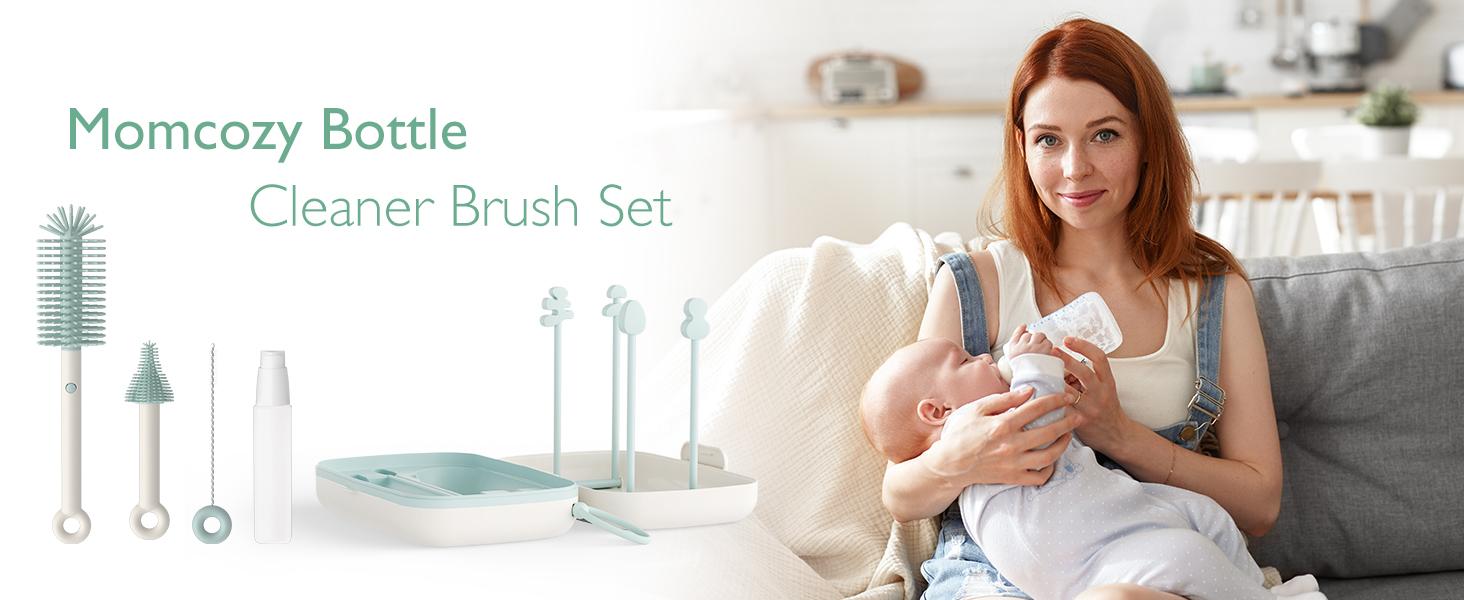 Momcozy Bottle Brush Kit, Innovative Push-Press Design for Better Cleaning - Baby Bottle Cleaner Brush for Baby Bottle, Breast Pumps, Nipples, and More - Can Generate Foam for Better Cleaning, Green