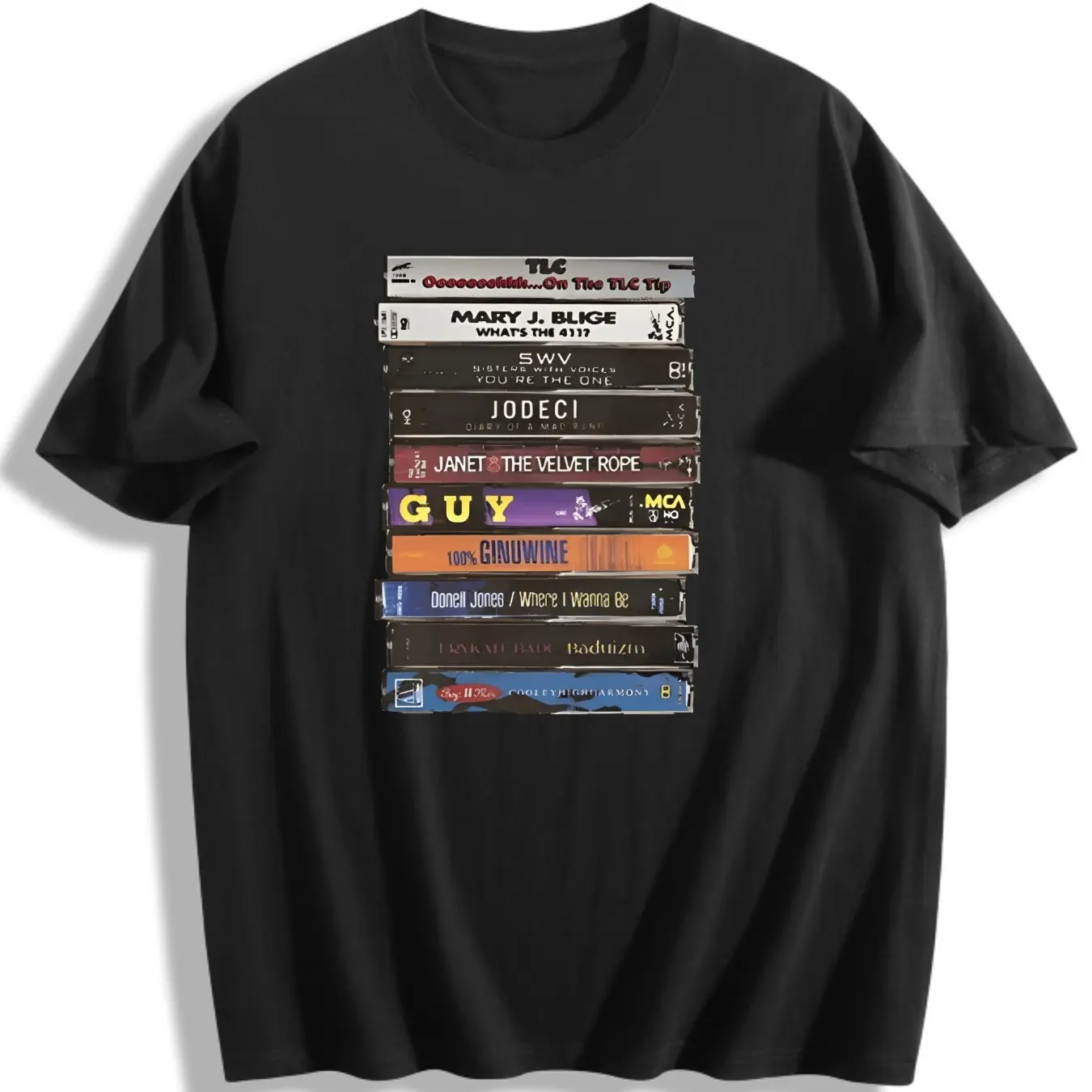 Men's Vintage 90s R&B Cassette Print Soft Jeans Fabric Short-Sleeve Round Neck Tshirt - Classic Casual Affordable Stretch Streetwear Top for 90s R&B Group Fans, All-Season Basic Fashion, Shortsleeve