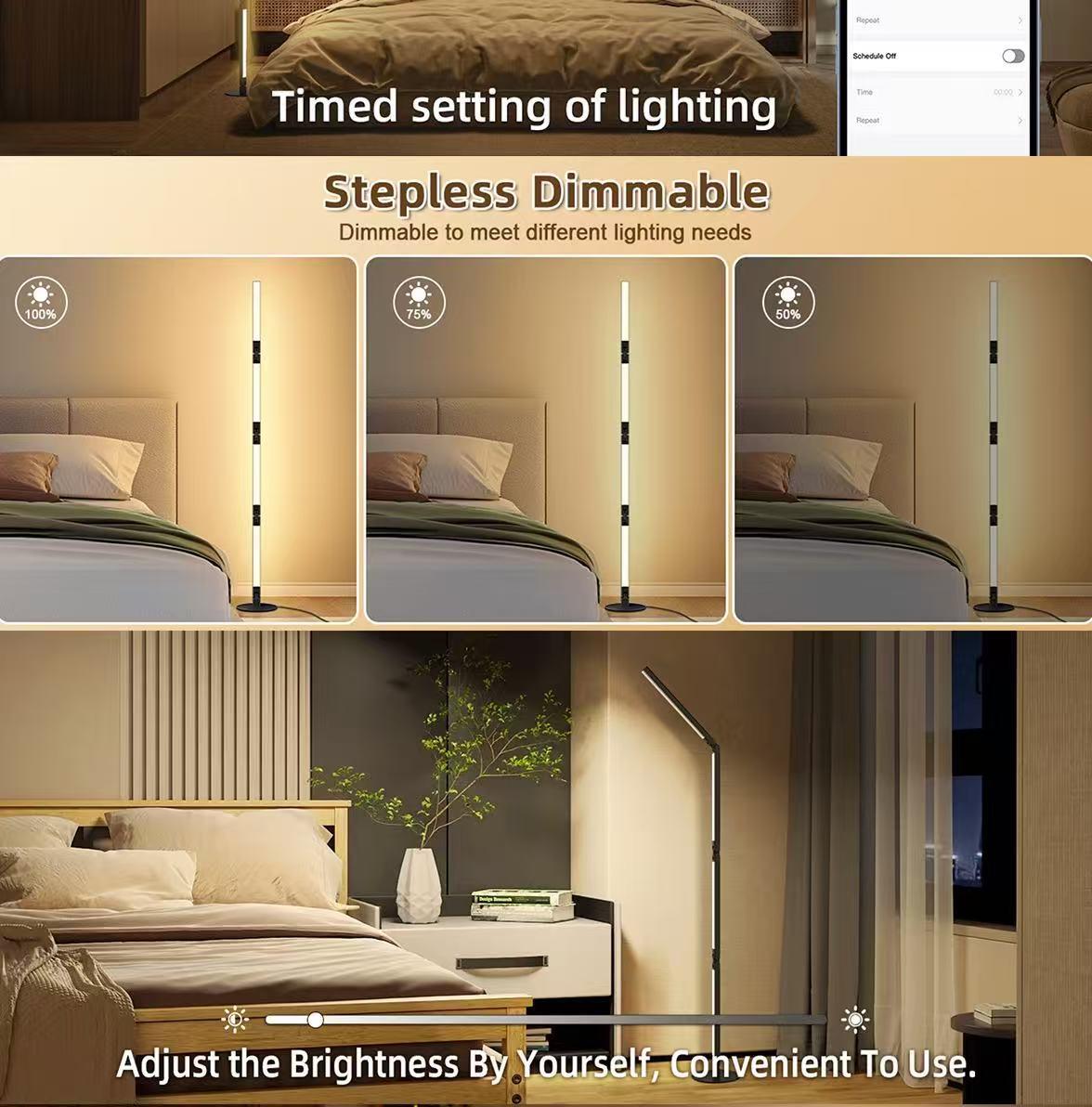 smart RGB floor lamp supports both app and remote control. Its foldable design allows for easy DIY customization, the lamp tube rotates 360°, and it features a music-synchronized timer function. Suitable for bedrooms, living rooms, and home décor.