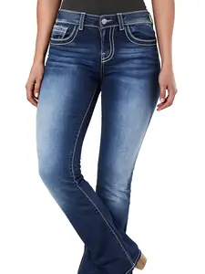 Triple Threat Tummy Control Flare Jeans Plus Size High Stretch Elastic High Waist Denim Women's Skinny Jeans Slim Fit Trousers Light Blue Bottom for Everyday Wear - Womenswear