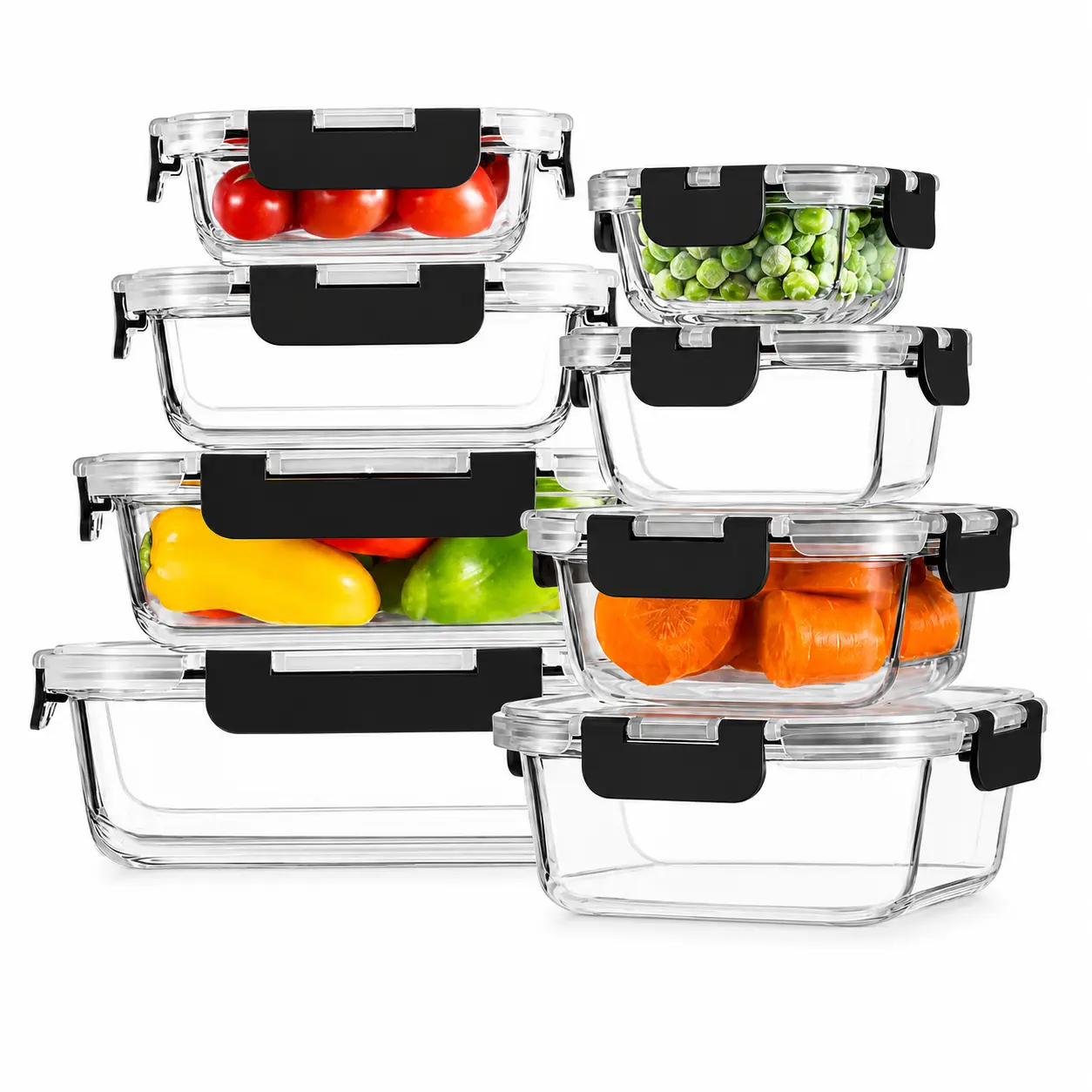 8-Piece Borosilicate Glass Food Storage Container Set, Kitchen Airtight-Lid Lunch Boxes, Stackable Square & Rectangular Meal Prep Containers, Microwave & Freezer Safe