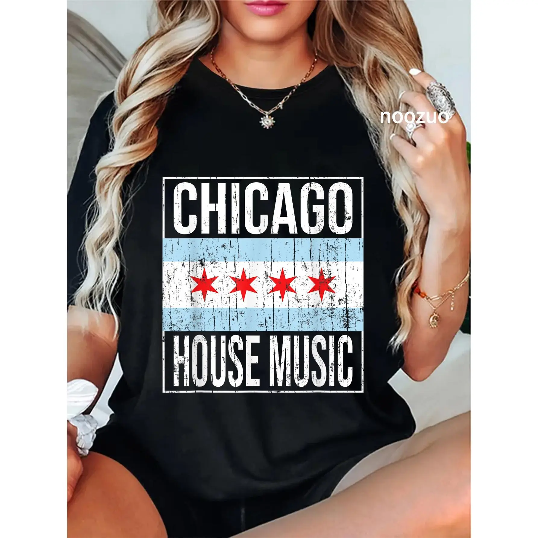 Women's Whimsical Flag Graphic T-Shirt, Vintage 100% Cotton Casual Top for Chicago House Music and Dance Fans, Casual Tshirt Shirt, Cotton Casual Tee
