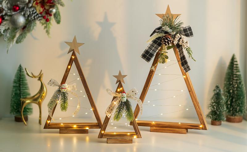 3 Pcs Lighted Christmas Tabletop Decorations, Wooden Tabletop Christmas Trees, Rustic Farmhouse Decor for Home, Table Fireplace Mantle Shelf Decor, Thanksgiving Christmas Gift