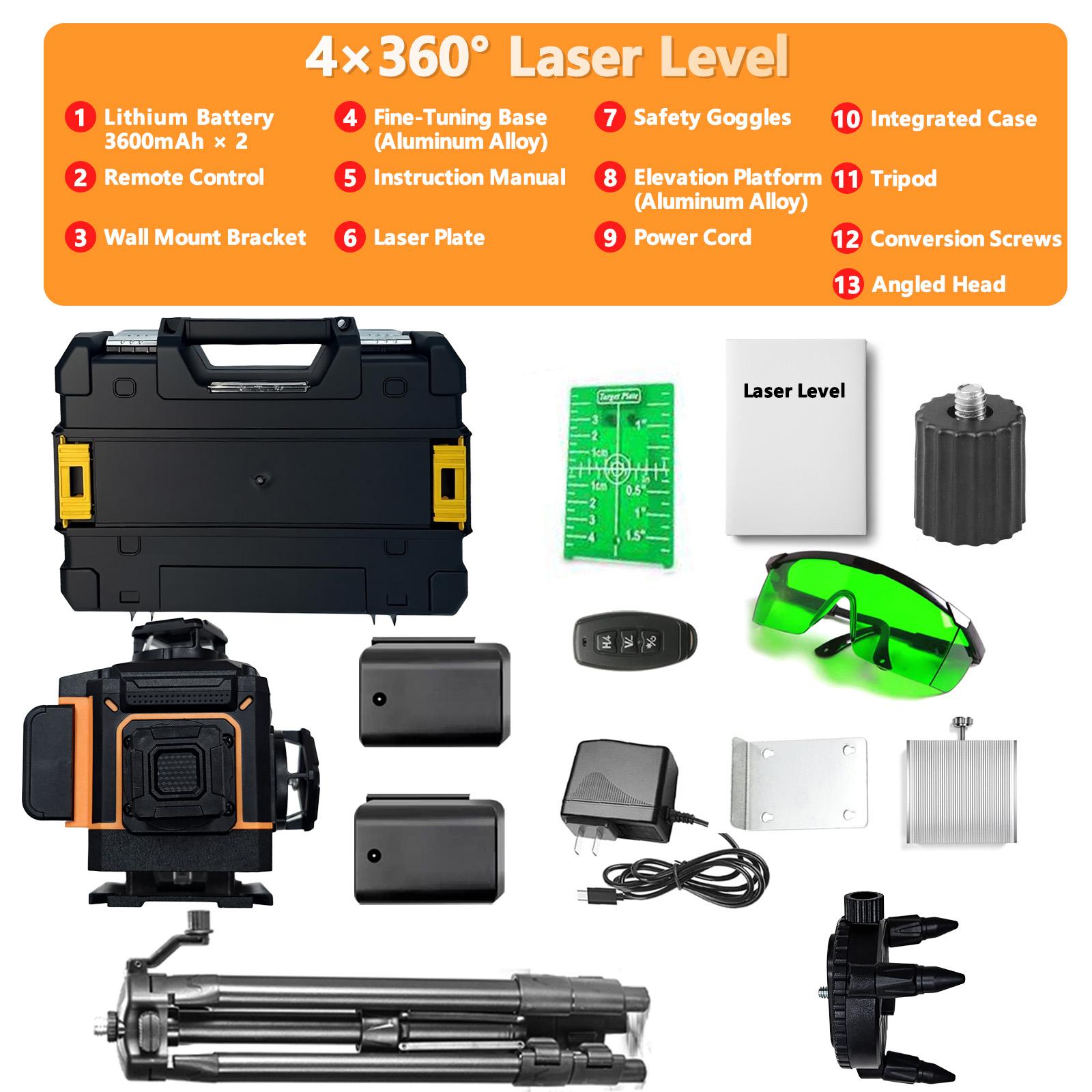 Laser Level with Tripod, 4x360° Self-Leveling Laser Level, Green Line Laser 4D Laser Leveler Tool, with 2 Lithium Batteries, Remote Control, Storage Box, IP54 Protection, Suitable for Hanging Pictures, Tiles, Home Renovation, Interior Projects Laser Level with Tripod, 4x360° Self-Leveling Laser Level, Green Line Laser 4D Laser Leveler Tool, with 2 Lithium Batteries, Remote Control, Storage Box, IP54 Protection, Suitable for Hanging Pictures, Tiles, Home Renovation, Interior Projects