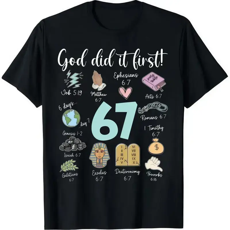 Women's Unisex Casual Cotton Printed "Funny God Did It First 67" Meme Jesus Christian Bible T-Shirt fyp