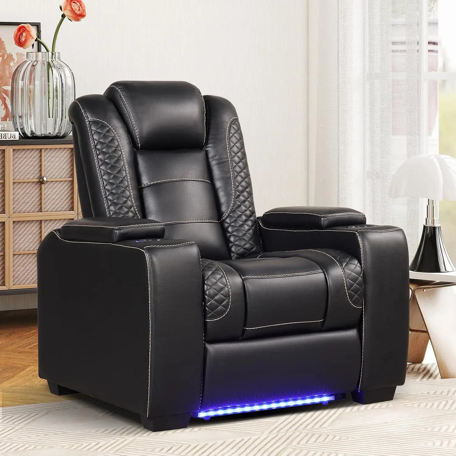 [summer sale] EBELLO Power Recliner Home Theater Seating, Electric Recliner Chair with Adjustable Headrest,PU Leather Dual Motor Movie Reclining Chairs with Cup Holders LED Lights,USB Port,Hidden Arm Storage (Black)