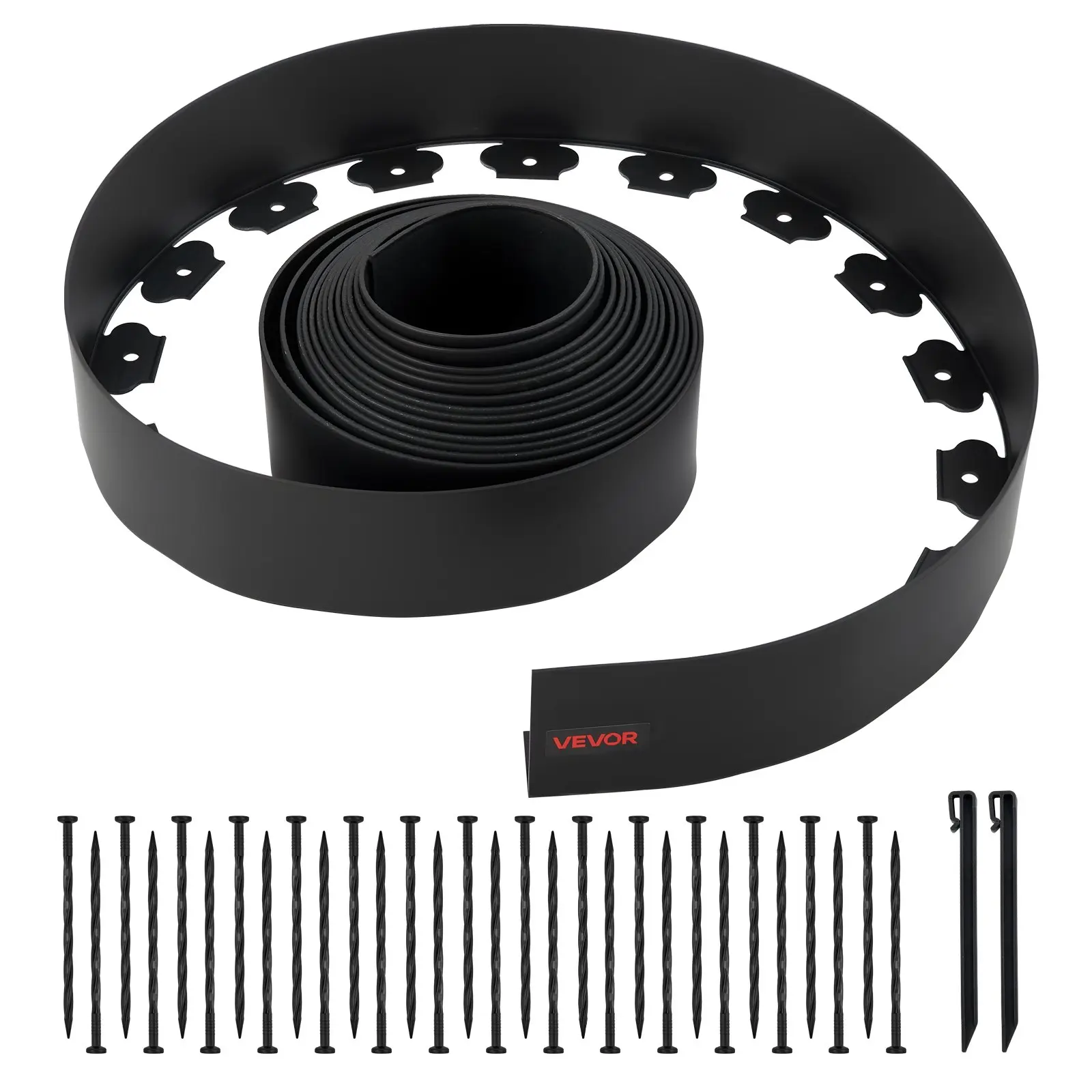 【Summerfinds】VEVOR Outdoor L-Shaped Plastic Landscape Edging Roll, 33 ft x 4 in No-Dig Flexible Lawn Edging with Complete Accessory Kit (30 Spikes, 2 Ground Stakes), UV-Resistant Root Block Low-Maintenance Mini Fence for Flower Beds, Yard Pavers