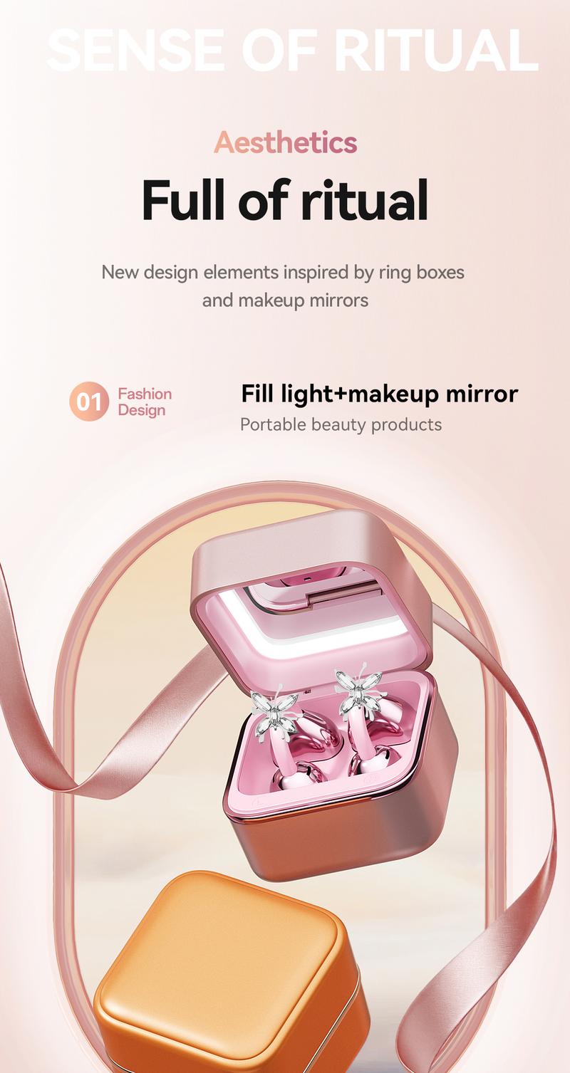 CHENRUIDA Open Ear Bluetooth Earbuds with Bow Ear Jewelry, Makeup Mirror Jewelry Case, Wireless Ear Clip Headphones, Perfect for Workouts, Office, Travel and Fashion Lifestyle