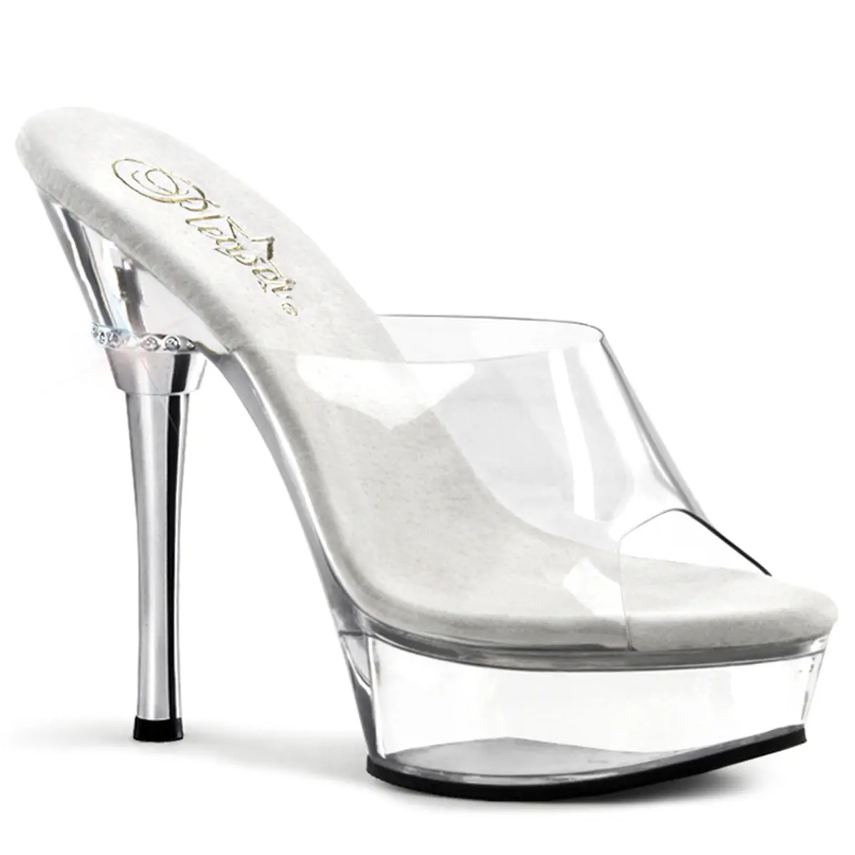 Women's Platform Slides, Allure-601 Slip-On High Heel Shoe with a 5.5" Chrome Heel, Transparent Straps and Jewel Accents, Comfortable Heels