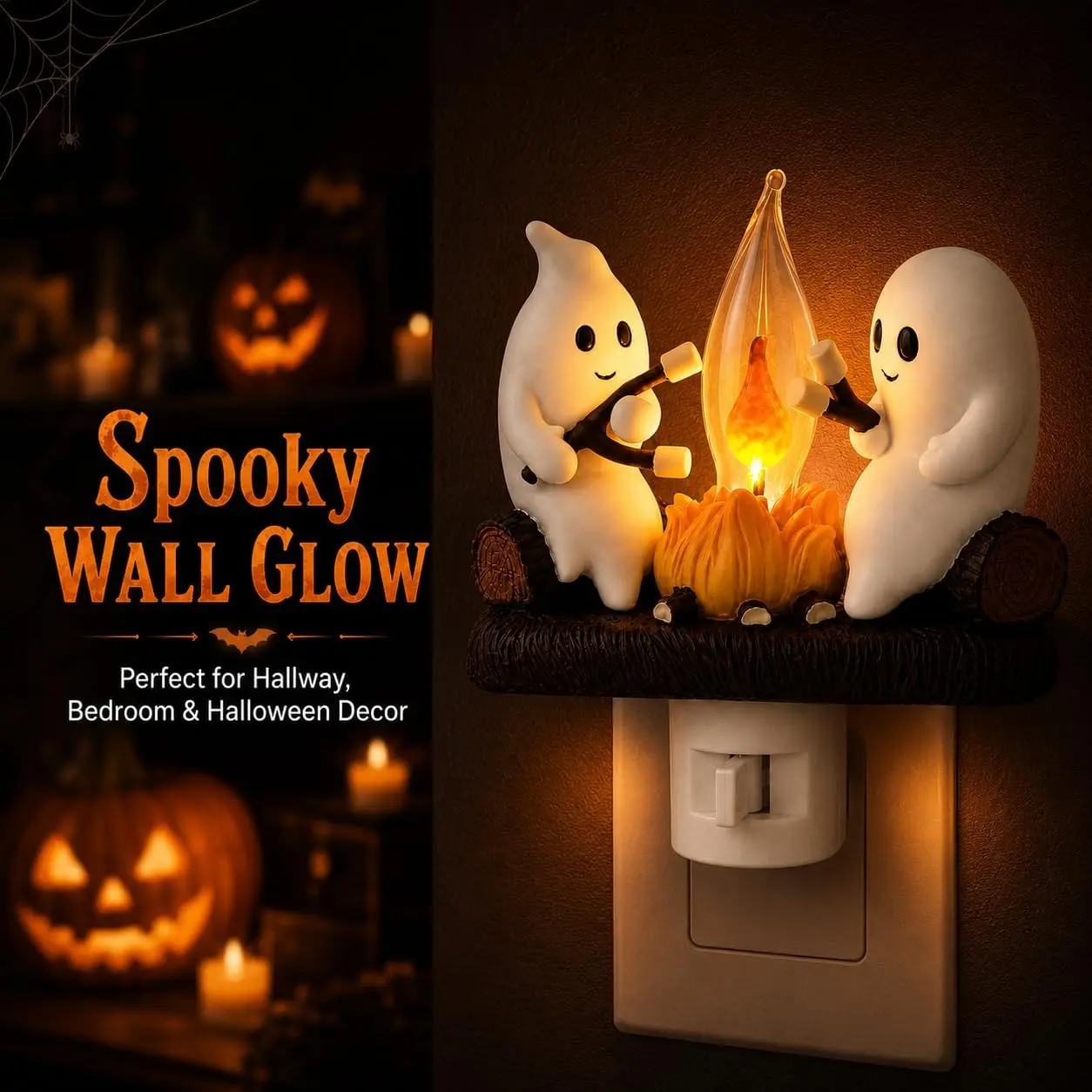 Resin Ghost Campfire Plug-in Night Light - Compact, Portable Flicker Flame Decor with 3D Cute Ghosts, Spooky Theme Halloween Indoor Decorations, Plug-in for Instant Ambiance, Simple Lighting Bedroom Accessory, Wall Plug-In Saves Setup Time