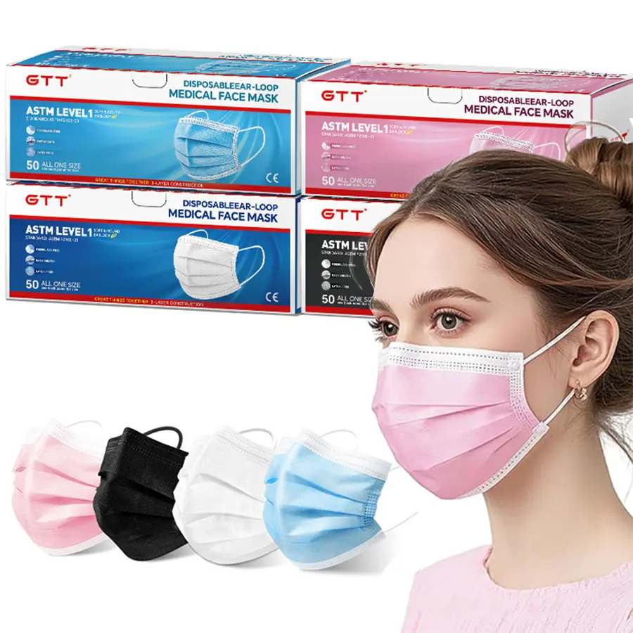 Disposable Adult Non-Woven Breathable Dust-Free 3-Layer Face Masks (100/200Pcs) - Black, White, Pink, Blue - ASTM Level 3, P100, M2.5 Filtering - Healthcare Protection for Adults, Ideal for Hospital, Cleaning, Cooking, Painting