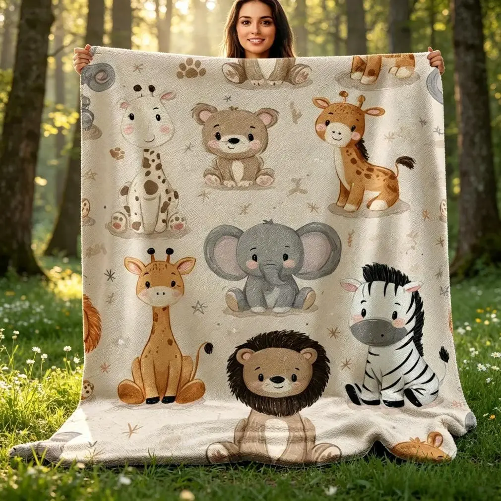 Wild Safari Animal Print Fleece Throw Blanket - Flannel Texture, Soft Throws, Fluffy Soft, Elephant-Themed, Lion Giraffe Zebra Designs, Kids’ Imaginative Play, All Seasons Use, Soft Throws Blanket
