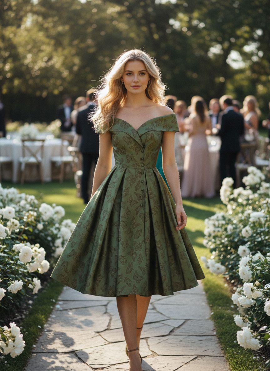 Green 1950s Off-Shoulder Vintage Dress Formal Womenswear Sleeveless Floral Valentine's Day Summer Holiday Dress wedding guset with Back Concealed Zipper Knee Length