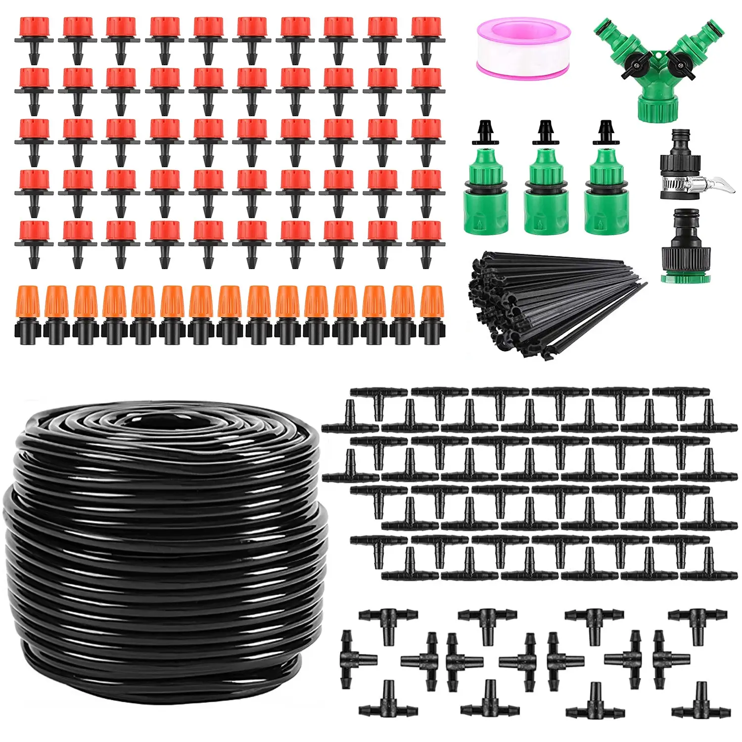 164FT Automatic Drip Irrigation Kit with 4mm Tubing, 3-Way Mist Nozzle Connectors, 50x 3-Way Connectors, 50x Red Dripper Nozzles for Garden, Swimming Pool, Patio