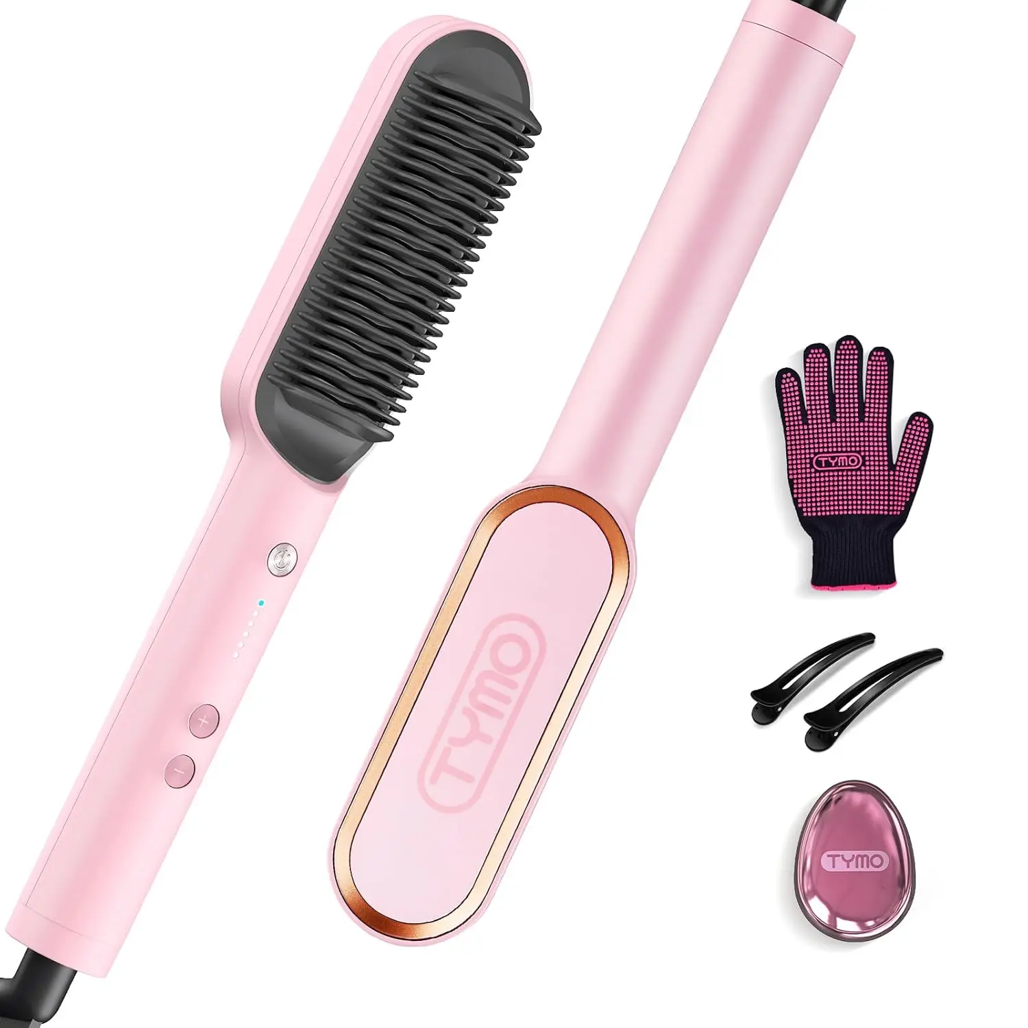 TYMO Hair Straightener Brush, Hot Comb Hair Straighteners for Women | Hair Straightener Comb, Straightening Brush with 5 Heat Settings, 20s Fast Heating & Dual Voltage, Pink