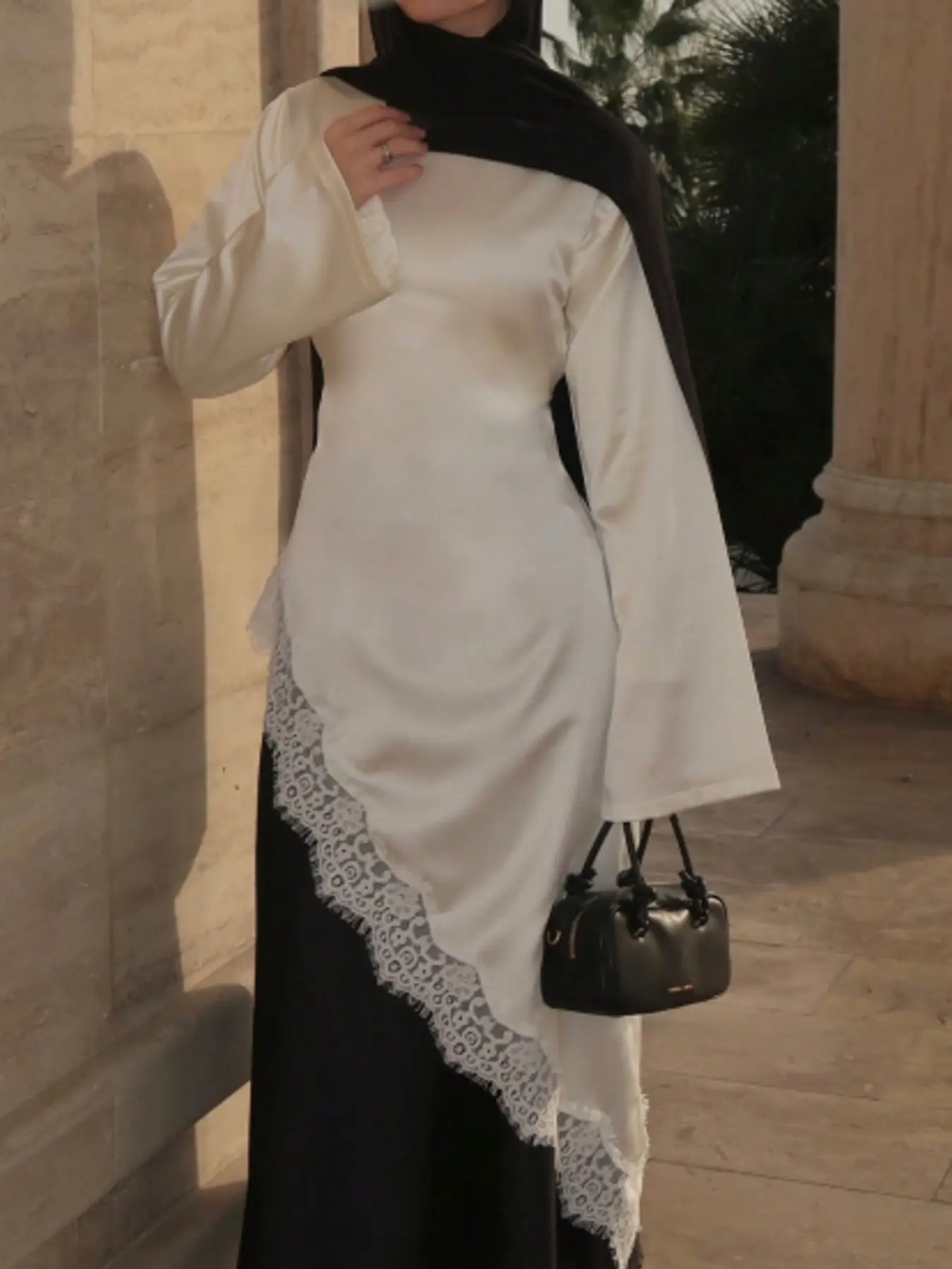 White Lace Trim Asymmetric Long Sleeve Maxi Women Dress Elegant Modest Muslim Abaya Dress Layered Black And White Kaftan Gown Loose Fit Ramadan Eid Evening Party Wedding Guest Dubai Style Vacation Outfit Boho Kaftan Dress Muslim Clothing