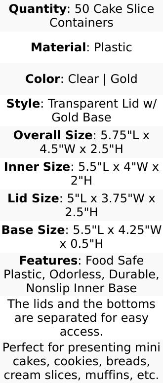 50-Pack Plastic Cake Slice Containers 6"x4.5"x2.5" Gold
