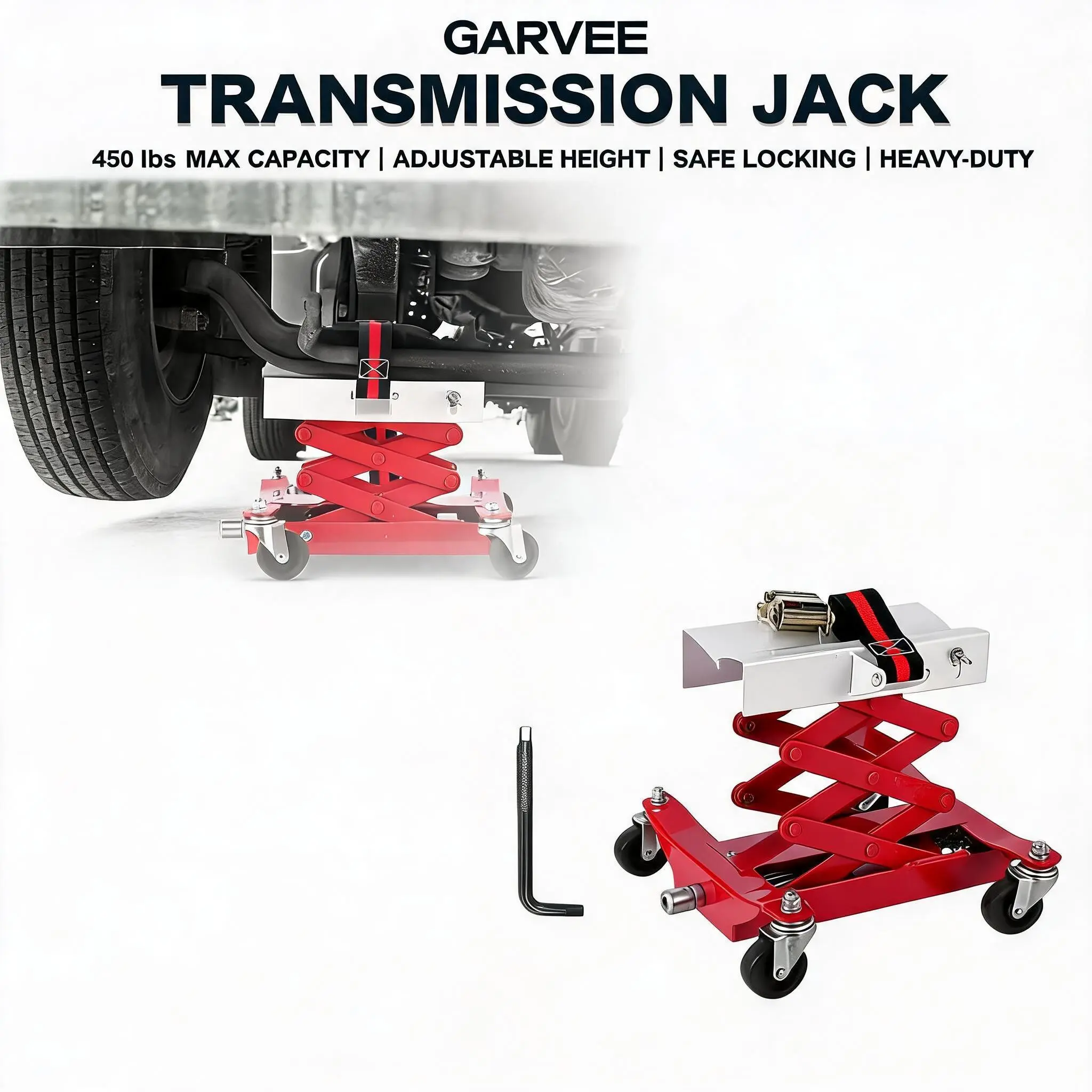 【Garvee】450lb Steel Adjustable Height Transmission Jack, Heavy Duty Hydraulic Lift with 7-23in Lifting Range, Stable Base & Secure Locking Mechanism, Auto Repair Tools for Transmission Removal