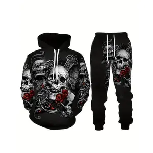 Quality [Glow Skull Print Sweat Set] Plus Size 3D Glow Skull Print Halloween Sweatshirt & Sweatpants Set - Autumn/Winter Men's Clothing
