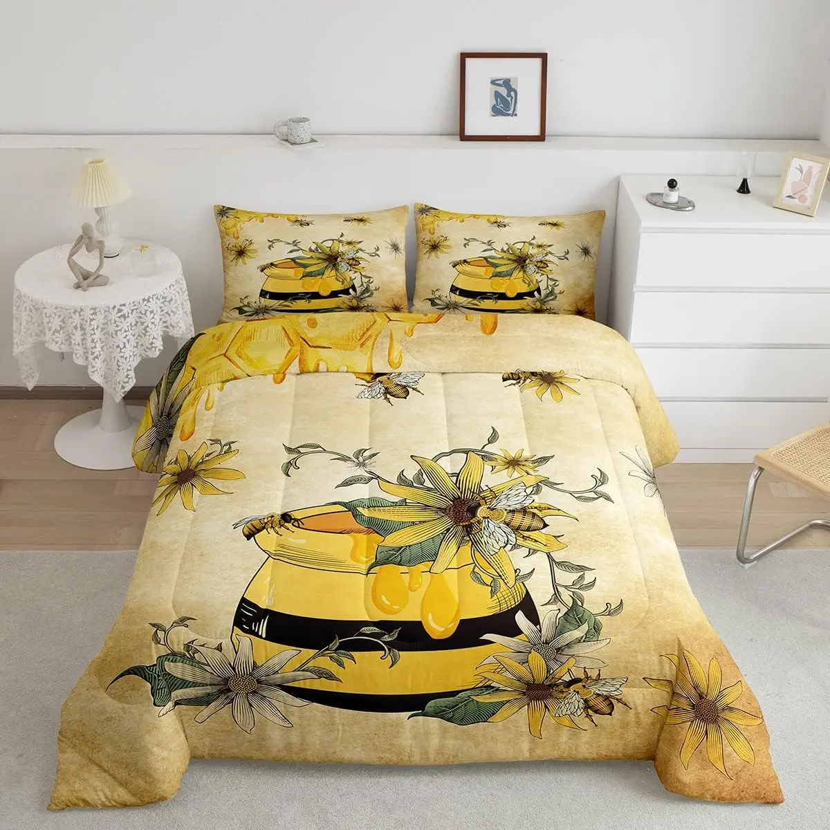 Feelyou Bee Floral Bedding Set - Breathable Soft Decorative Bedroom Bedding, Yellow Gerbera Floral Vintage Cartoon Microfiber Duvet with Sweet Honey Can Comforter for Teens Women, Bedroom Bedding Set