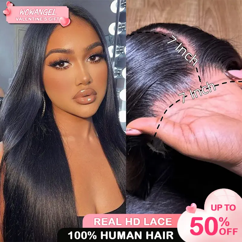 WOWANGEL 6x6  7x7 SKINLIKE Real HD Lace Closure Only, 0.10mm Ultra-thin Invisible Lace Pre-Plucked Bleached Knots Natural Black Human Hair 18 Inch Valentine's Gift