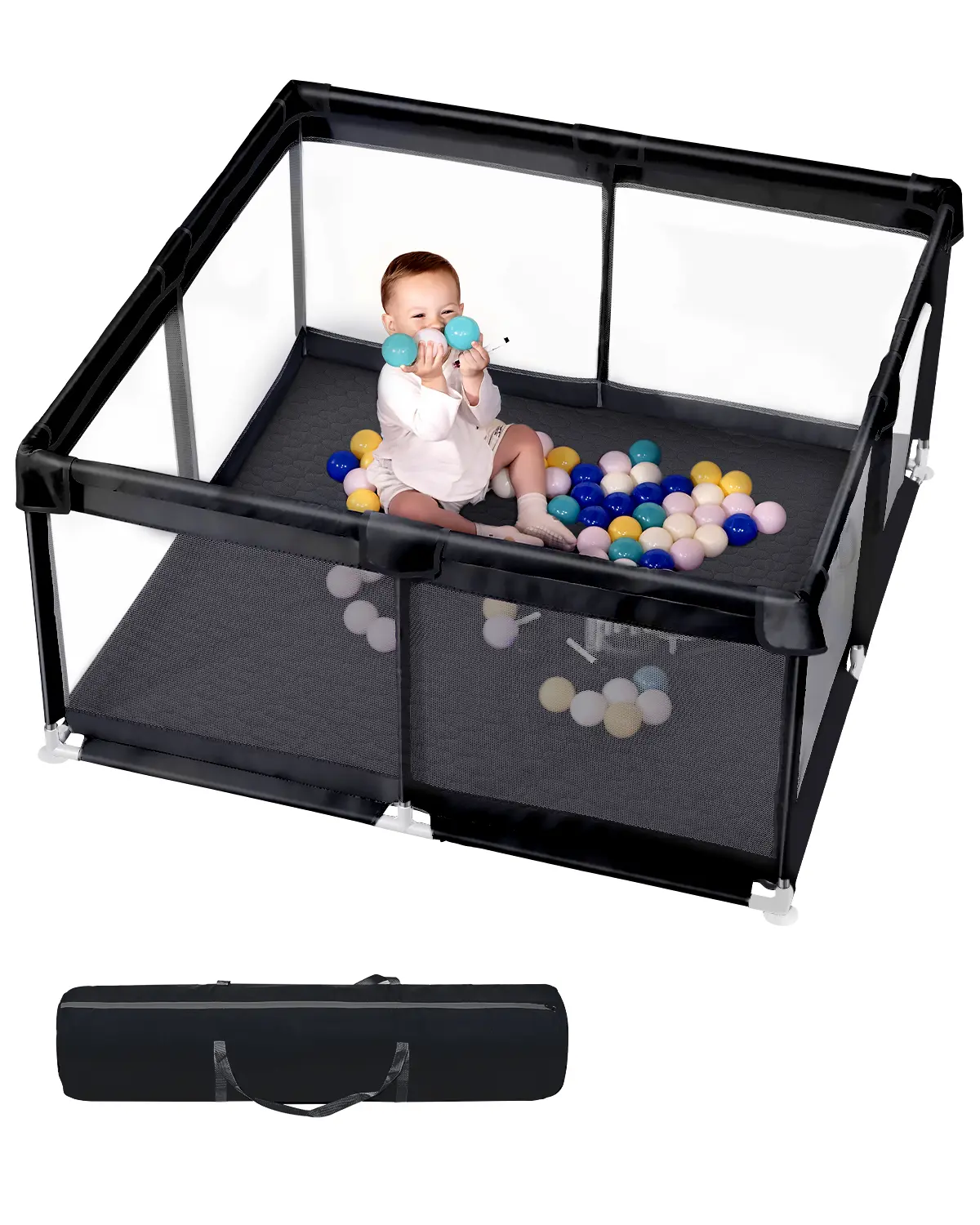 Dearlomum Baby Playpen, 71"x59" Extra Large Easy Assemble Floor Playard with Gate, Sturdy Safe Enclosure for 0-12 Months Infants, Soft Mesh Gray Sensory Activity Center, Easy Assemble Playard, Floor Playpen, Sturdy Safe Playard