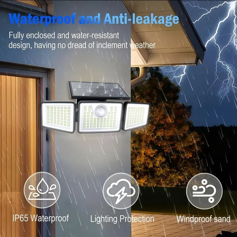 3-Head 216 LED Solar Motion Sensor Outdoor Security Lights with Remote Control, IP65 Waterproof Adjustable Wall Mount Flood Lights, Solar Powered Exterior Lamp for Garage Yard Garden Porch Driveway, Available in 1/2/3/4 Pack, Led Lights, Solar Outdoor Lig