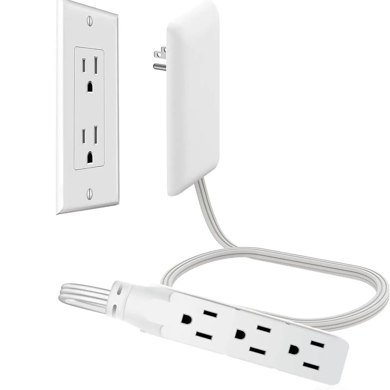 Ultra Thin Flat Plug Extension Cord  – Power Strip Socket with 3 Outlets, Outlet Concealer, Space Saving Wall Hugger for Behind Furniture & Small Spaces, Child Safe, Power Socket Extender Power Socket Expander