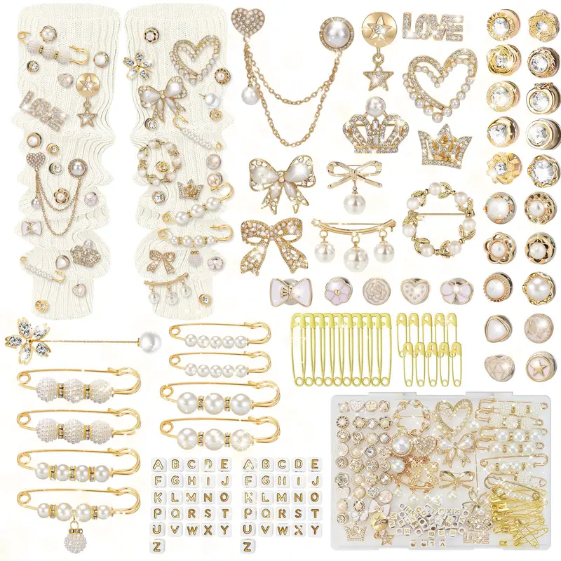 Auliand 132PCS Cute Shoe Embellishment Set - Bling Shoe Charms, Pearl Safety Pins, Bow Hearts, Brooches, DIY Junk Sock & Custom Outfit Decor, Ideal Teacher Gifts for Valentine's Day