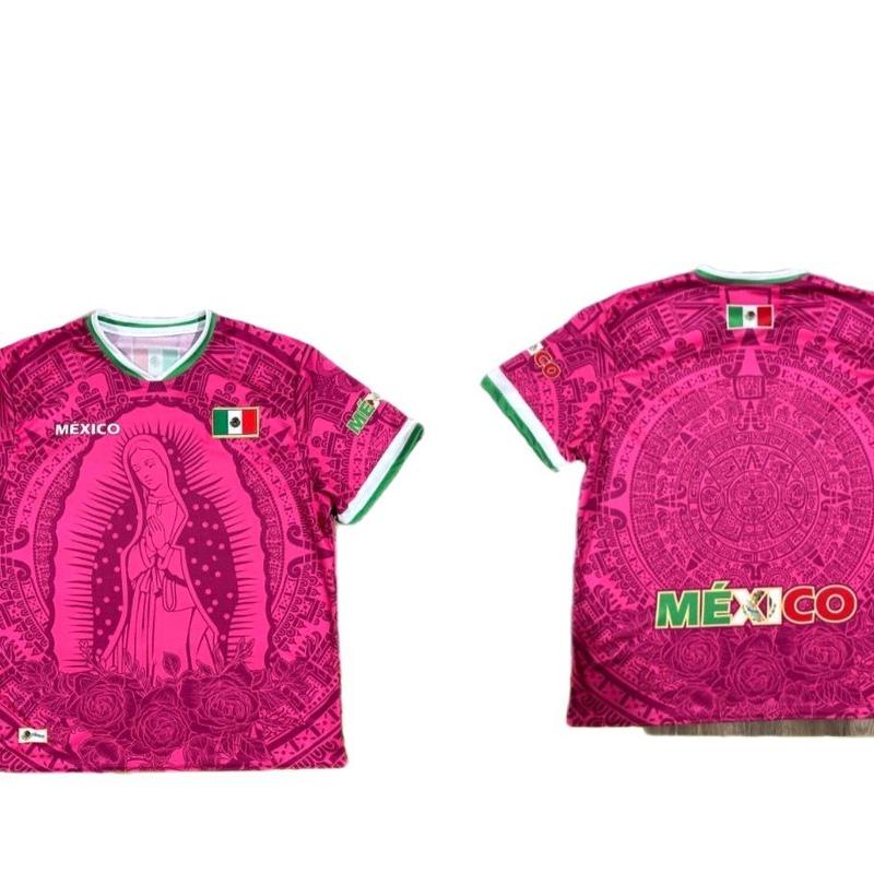 Virgen de Guadalupe Mexico Jersey Pink and Black Color with Green White and Red Trim and Mexican Flag Design