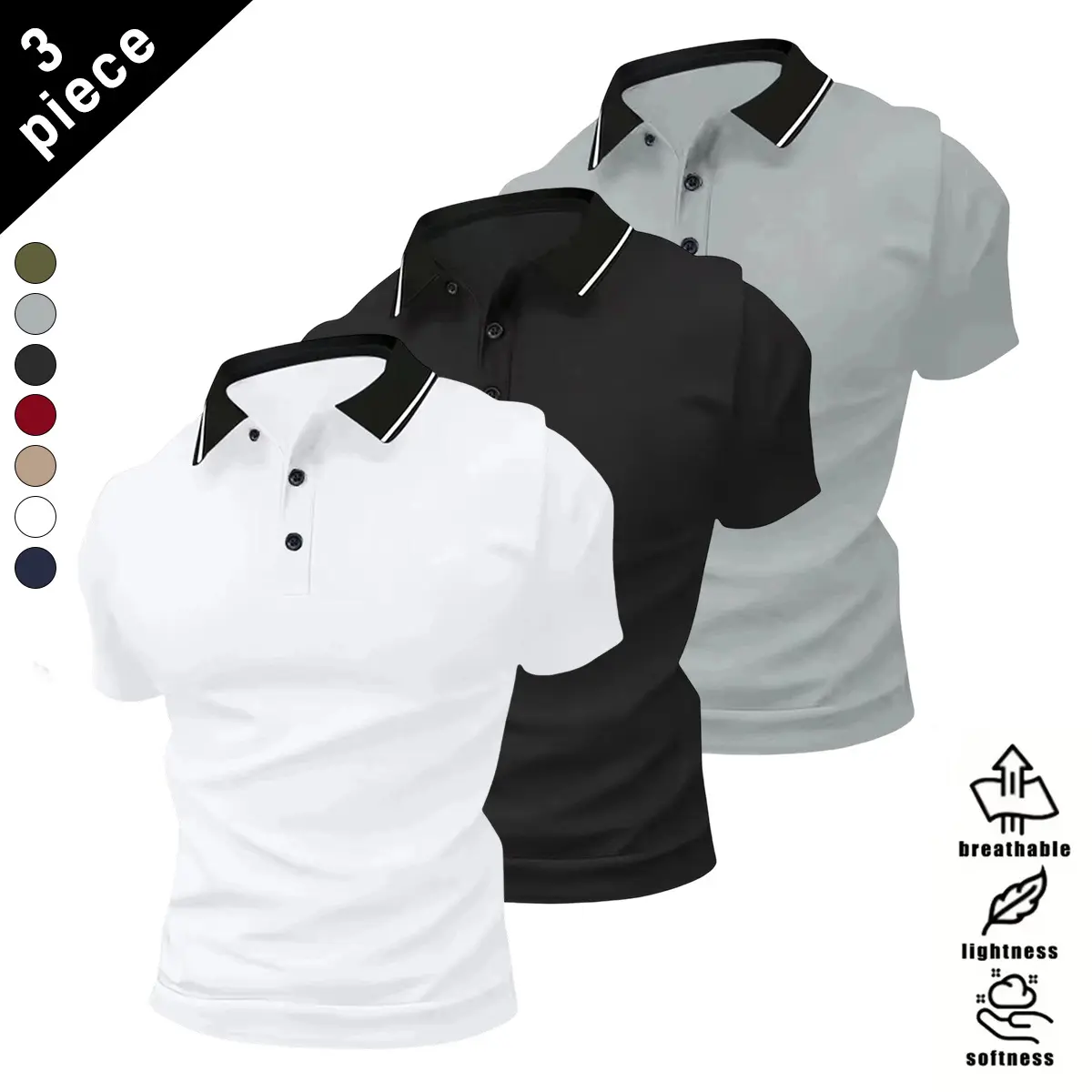 3-pack men’s casual polo shirts, minimalist and stylish design with a contrasting collar, suitable for outdoor sports, leisure wear, and commuting to work; menswear, men’s short sleeves, men’s tops