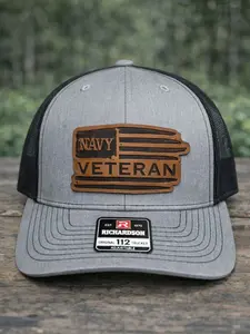Veteran American Leatherette Patch Trucker Hat – Military-Inspired Snapback Cap for Army, Navy, USMC, USAF & Coast Guard Supporters, Adjustable Mesh Back, Patriotic Style Gift for Veterans & Fans