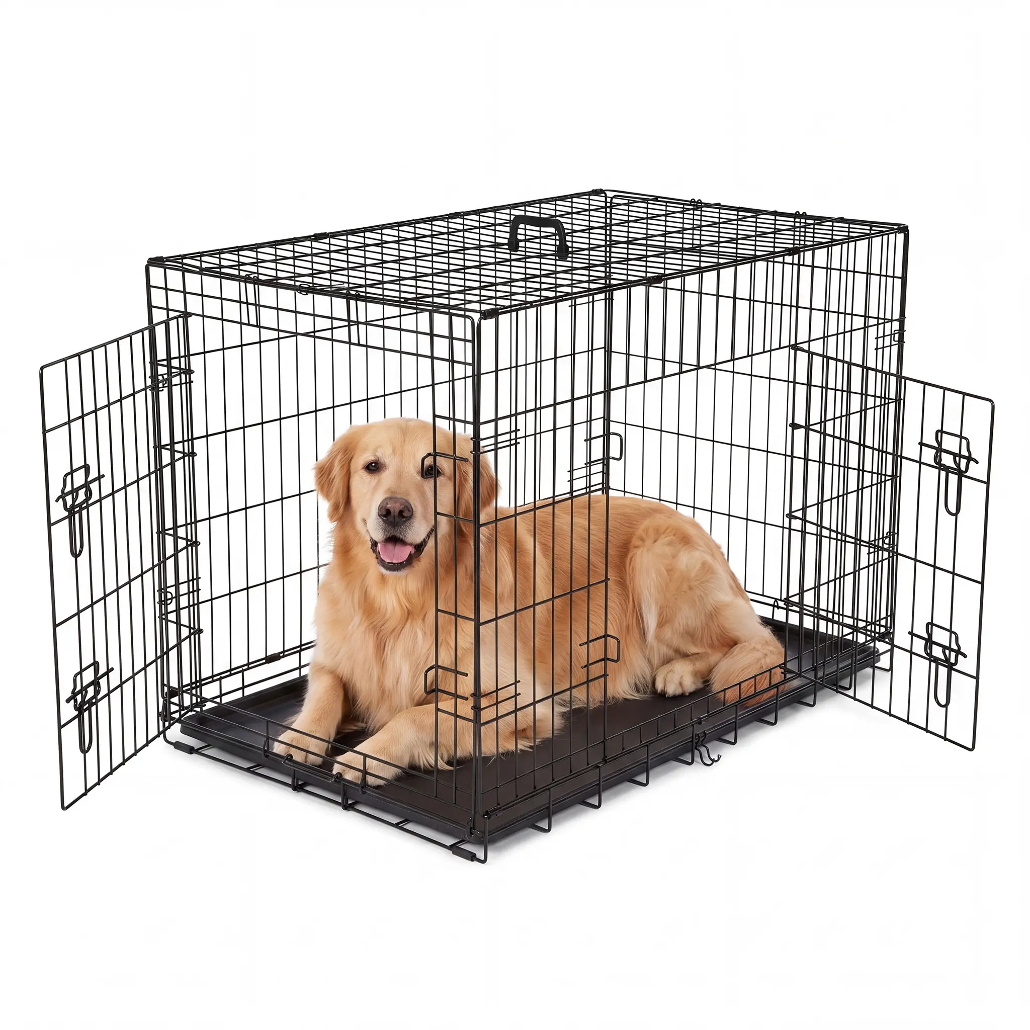 Sweetcrispy 36-Inch Foldable Metal Mesh Dog Kennel Cage - Double Doors, Slide Bolt Locks, Leak Proof Tray, Portable Security Crate for Home, Travel