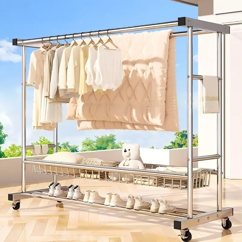 Stainless steel Heavy Duty Clothes Rack, Rolling Clothing Rack With Shelves Load 620 LBS, Double Rod Clothing Racks for Hanging Clothes, Portable& Adjustable Clothes Rack with Wheels Garment Rack，Clothes rack with storage basket, shoe rack