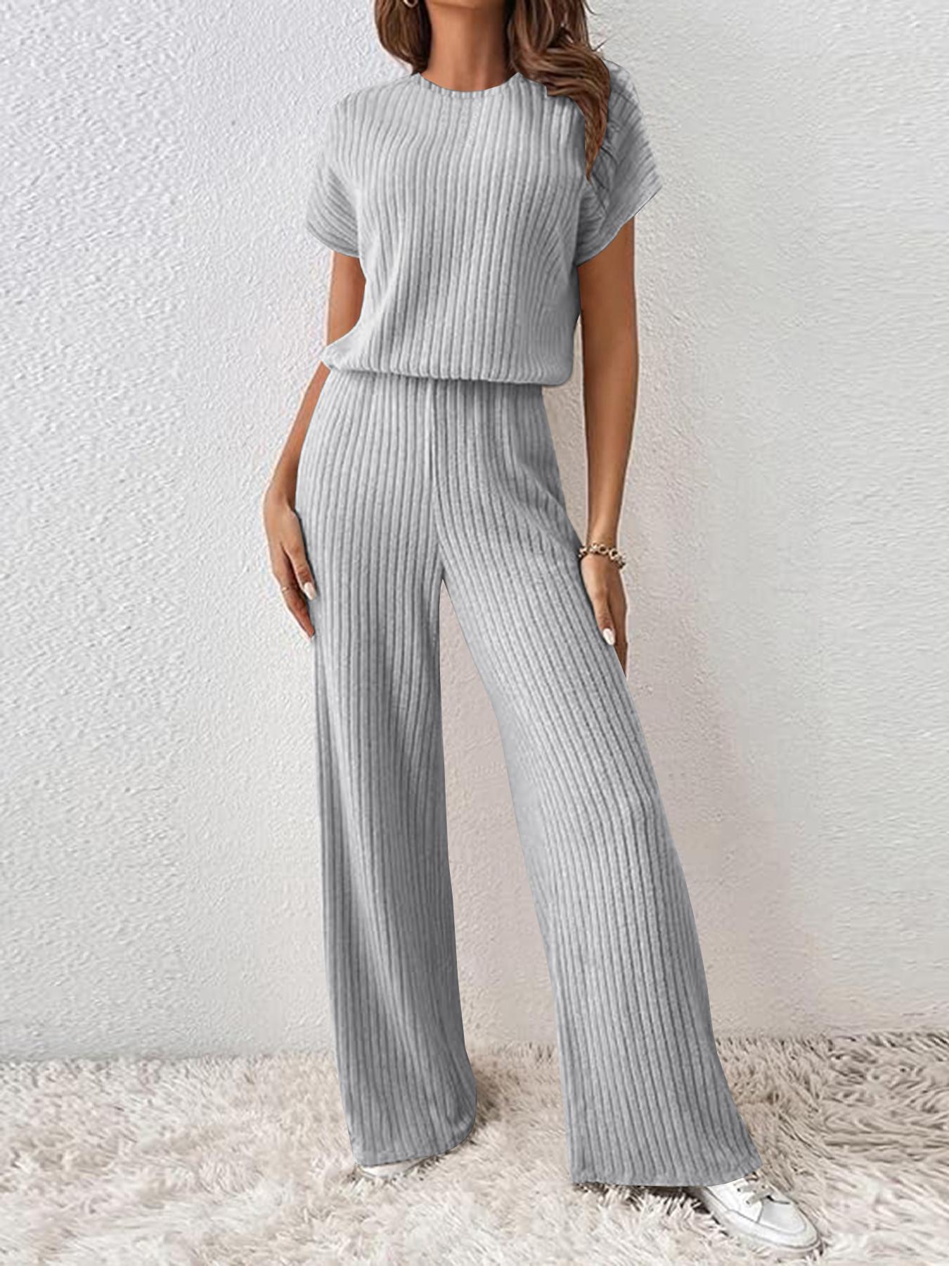 Women's Solid Shortsleeve Crewneck Ribbed Top & Wide Leg Pants Minimalist Casual Fitted Fashion Cozy Top & Trousers for Daily Outdoor Wear Ladies Clothes for Summer Womenswear Yoga Clothes Set Black Batwing Suits Suits