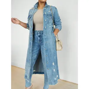 Womens Distressed Ripped Denim Trench Coat Casual Slim Button Down Washed Long Jean Jacket Long Sleeve Solid Color Coat SpringStatements