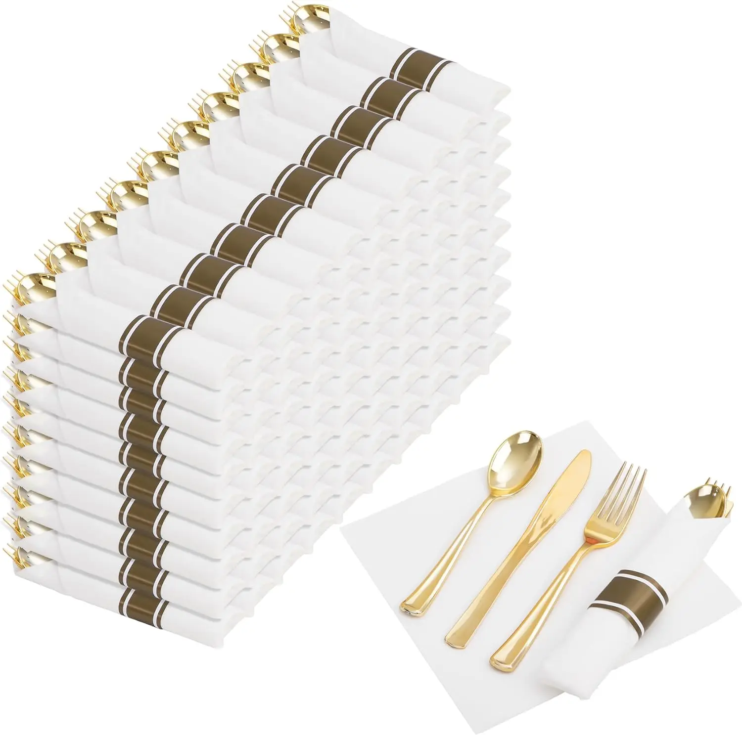400PCS Pre Rolled Gold Plastic Silverware Sets - Heavy Duty Gold Cutlery with 100 Pack Wrapped Disposable Utensils, Napkins & Boxes for Parties, Events