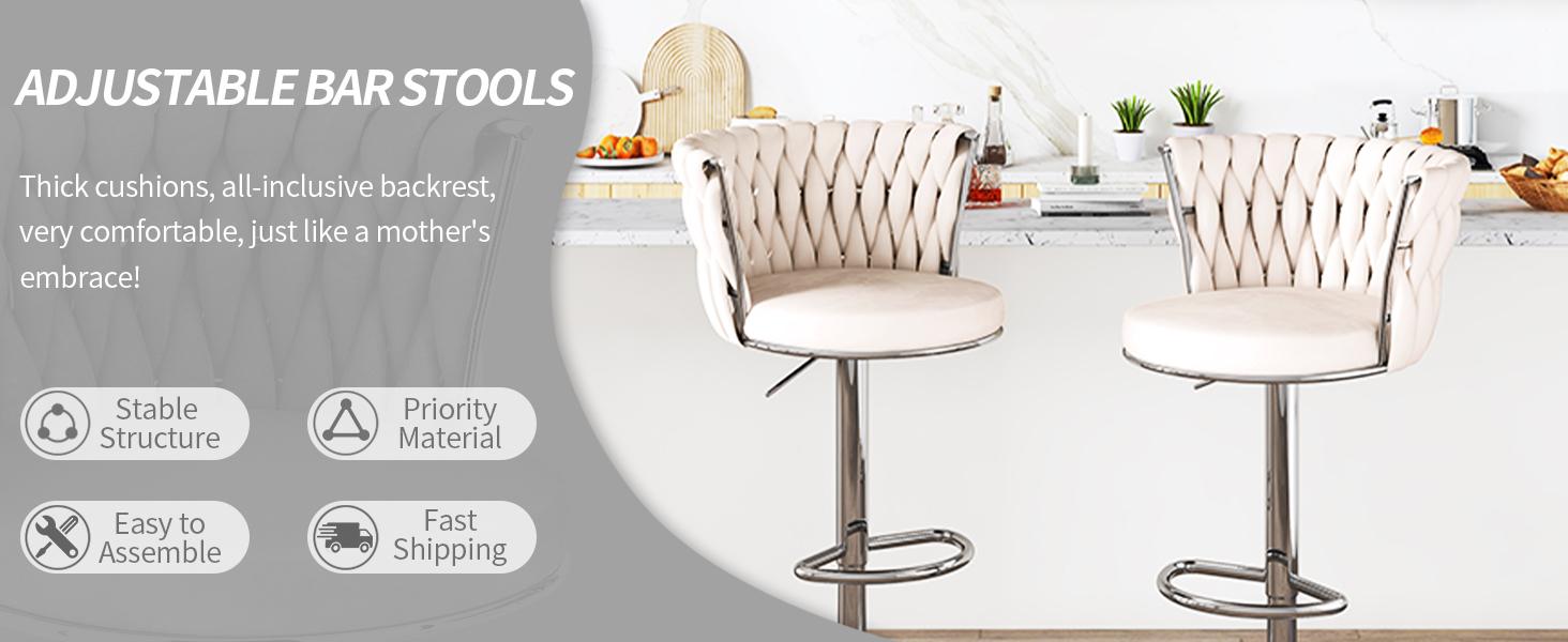 AWQM Set of 4 【Ships in 2 Packages (2 per Package)】Velvet Swivel Bar Stools, Adjustable Height Modern Kitchen Island Chairs,  Upholstered Bar Chairs,Easy to assemble