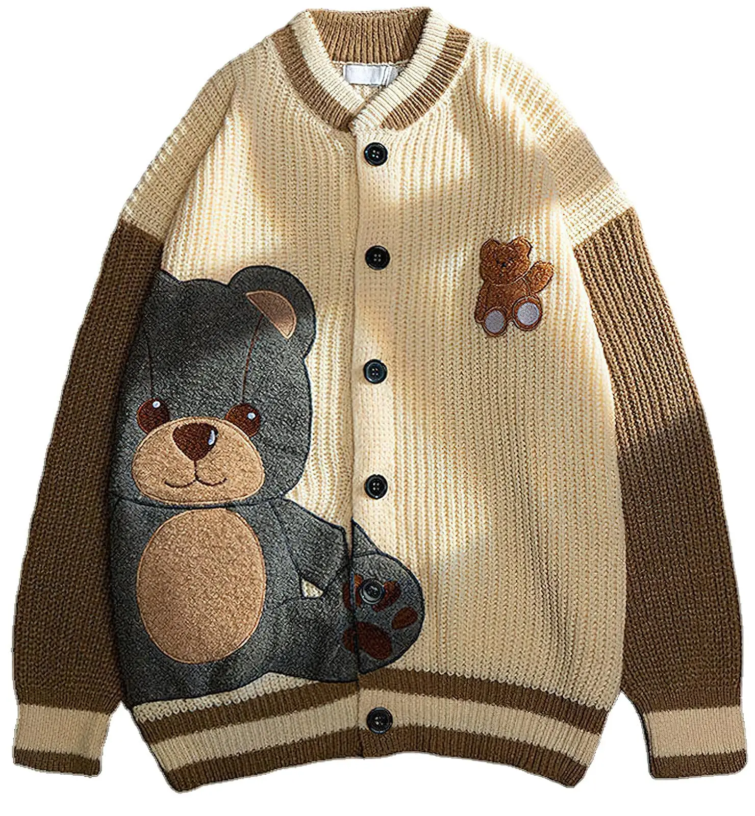 Ebossy Womens Cute Bear Embroidery Knit Cardigans Casual Loose Button Down Drape Long Sleeve Varsity Sweater Jacket
