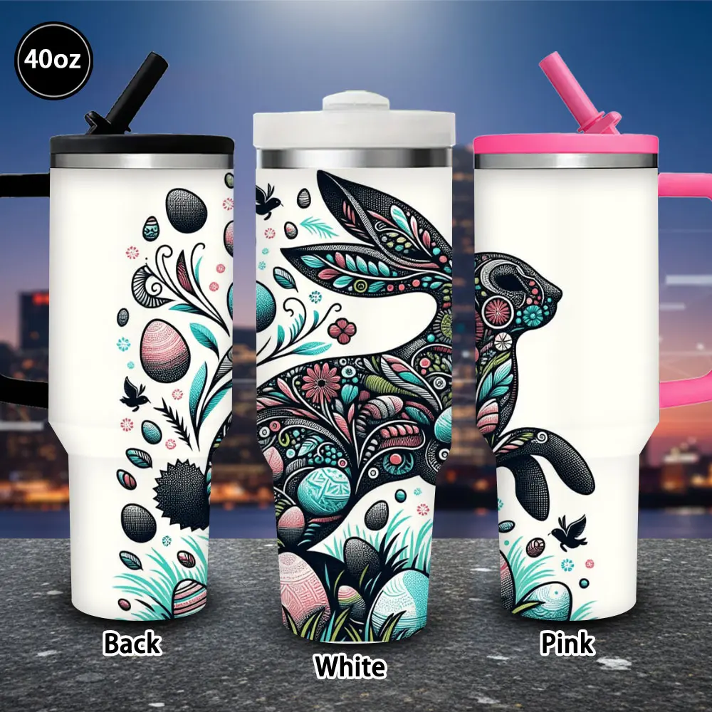 Single 40oz Whimsical Easter Bunny Vacuum Flask Tumbler with Floral-Egg Motifs, Lid+Straw, Winter Insulated, Women's Gift Idea for Easter-Birthday, Iced/Hot Coffee Travel Drinkware, Valentine's Day Gift, Flasks, Birthday Gift