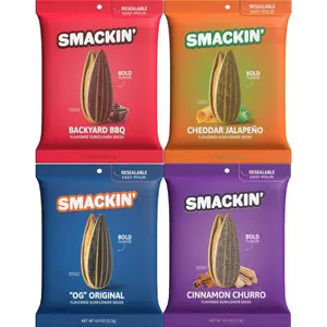SMACKIN’ Sunflower Seeds 4-Flavor Variety Pack – 4oz Bags Cinnamon Churro, Backyard BBQ, OG Original & Cheddar Jalapeño Snack