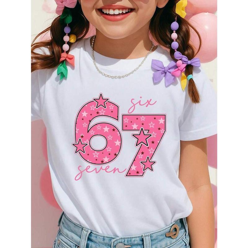 The 67 model sign language Christmas Y2K pink star number six and seven 100% cotton pattern T-shirt for girls, winter clothing for girls, girl Christmas set, funny six and seven couple shirt, 67 hooded shirt, 67 Christmas shirt, black round-neck letter-pr
