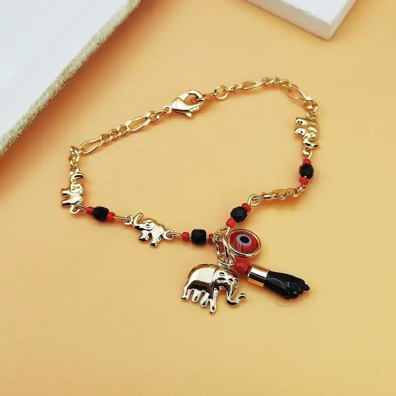 Boho Beaded Bracelet Set - Adjustable Hypoallergenic Gold-Plated Brass Elephant Evil Eye Jewelry with Red & Black Beads, Smooth Round Finish, Unique Boho Style Bracelet DIY Bag Accessory, Unique Accessory, Durable